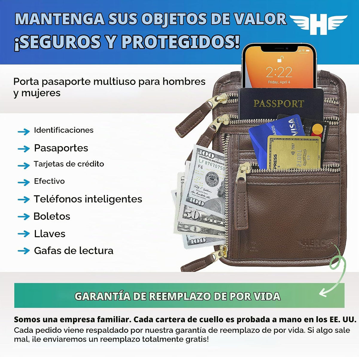 HERO - Cartera para el cuello - Soporte para pasaporte con bloqueo...