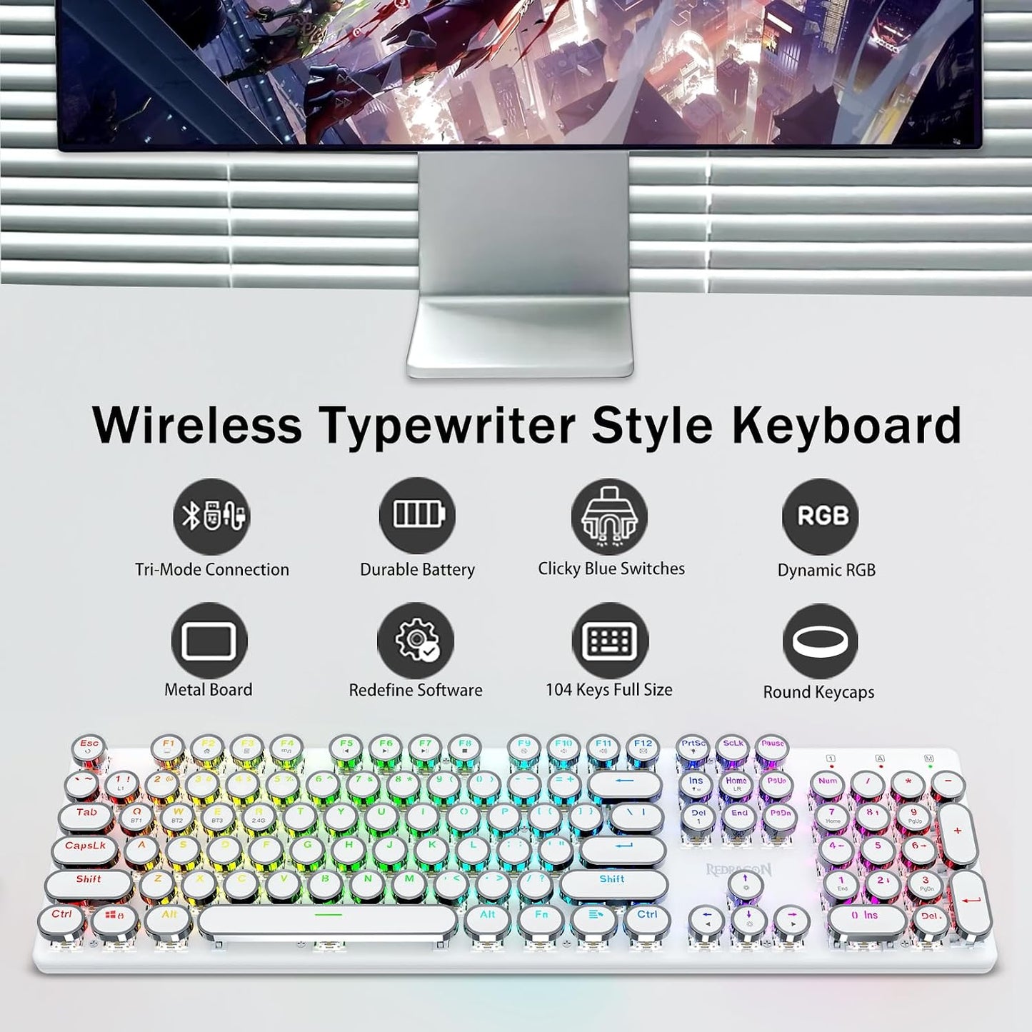 Redragon K710 - Teclado mecánico inalámbrico tipo máquina de escrib...