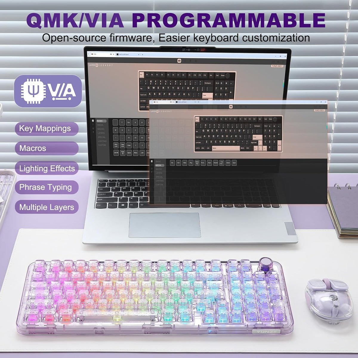 YUNZII X98 QMK\/VIA Teclado mecánico inalámbrico para juegos con pe...