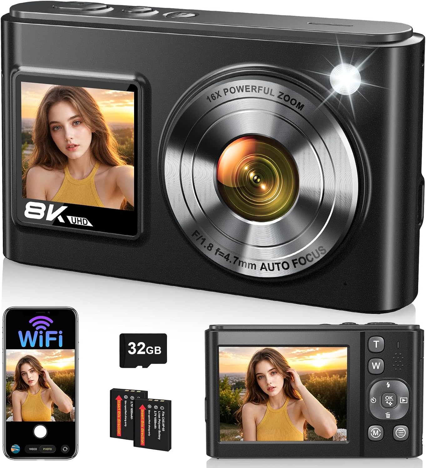 Cámara digital 8K, cámaras WiFi de 96 MP para fotografía con pantal...