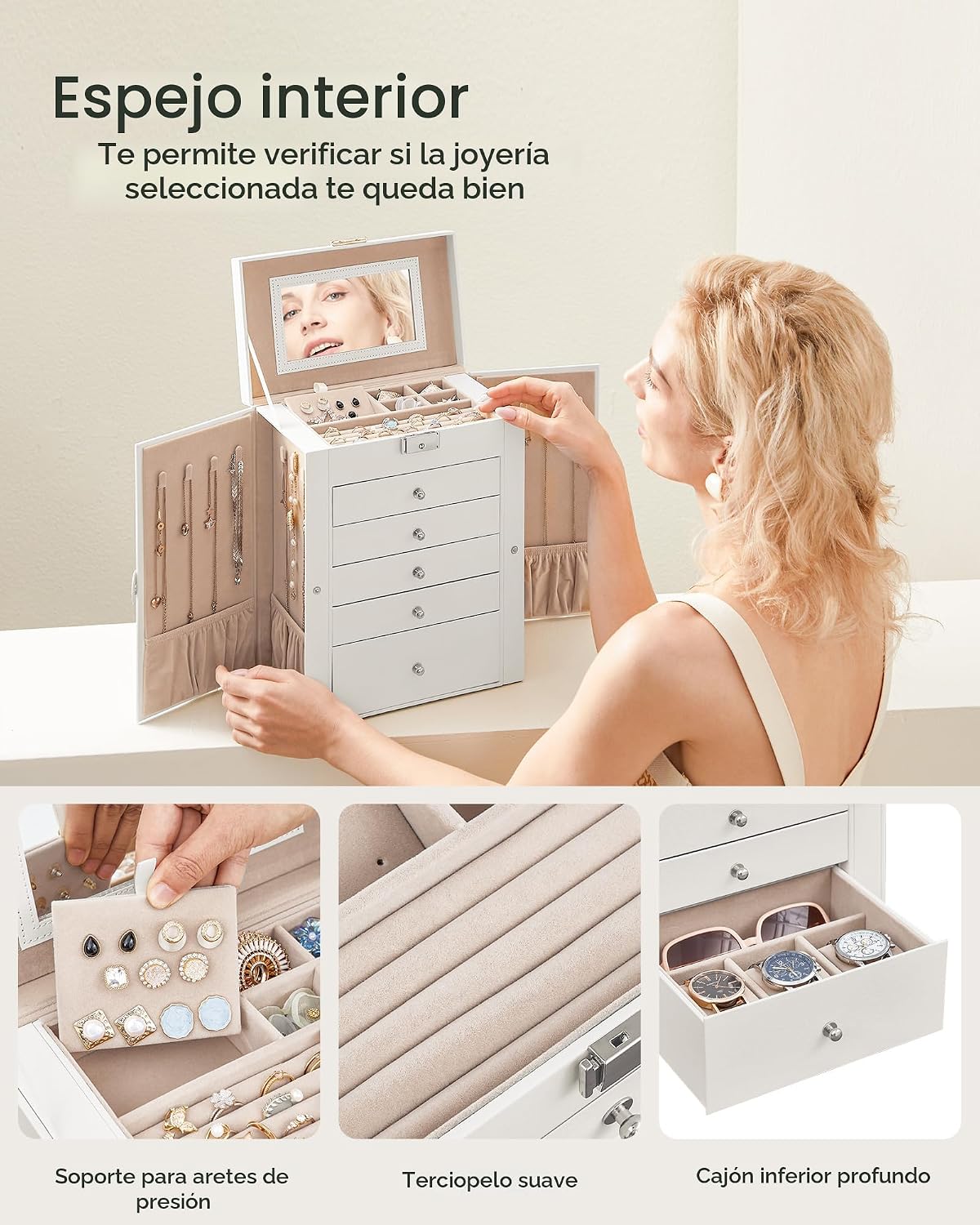 SONGMICS UJBC152W01 Caja organizadora de joyería de 6 capas con 5 c...