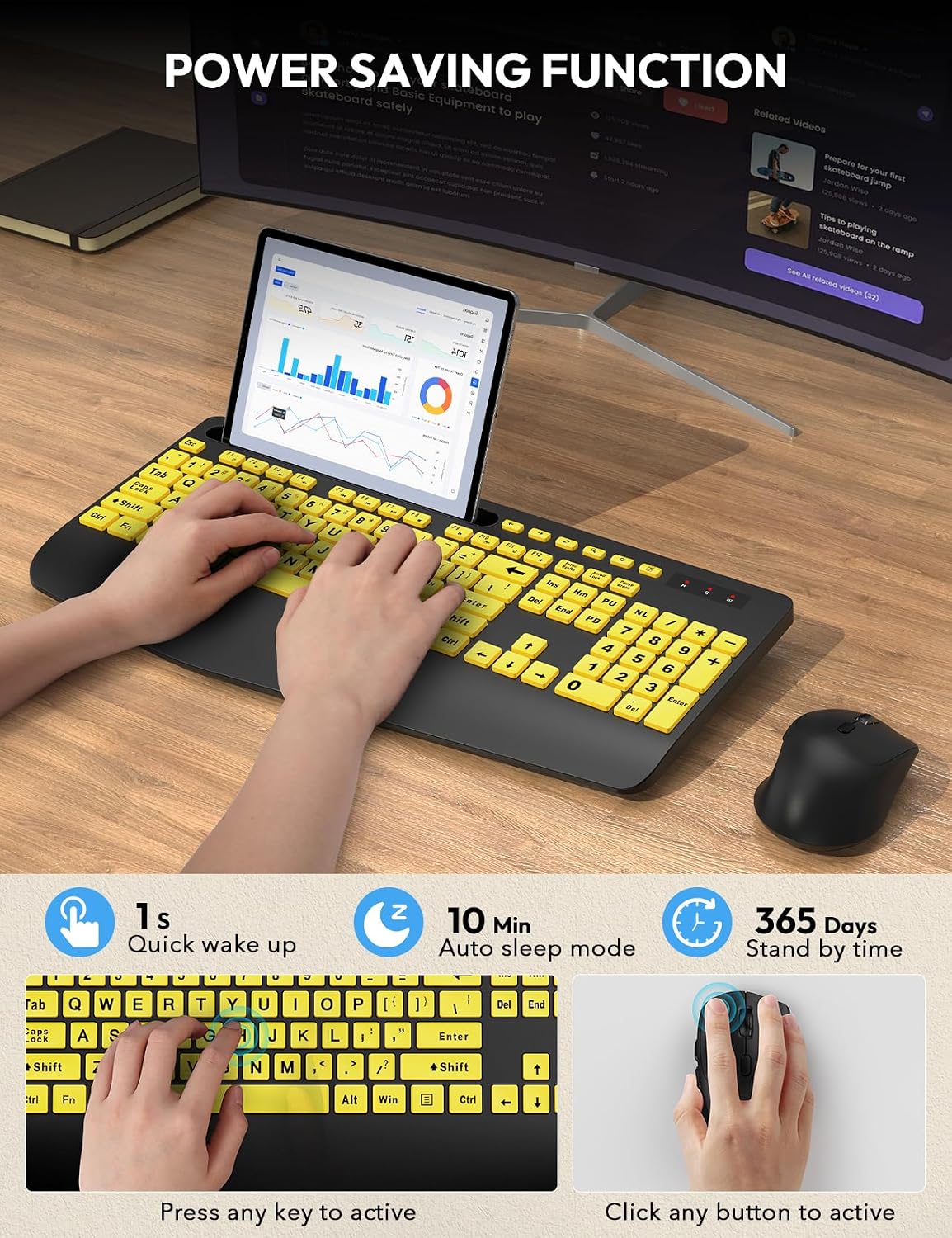 SABLUTE Combo de teclado y mouse inalámbricos con impresión grande...