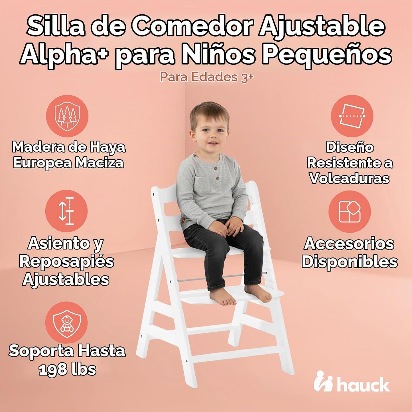 Hauck Alpha+ Trona de madera de haya maciza con asiento ajustable,...