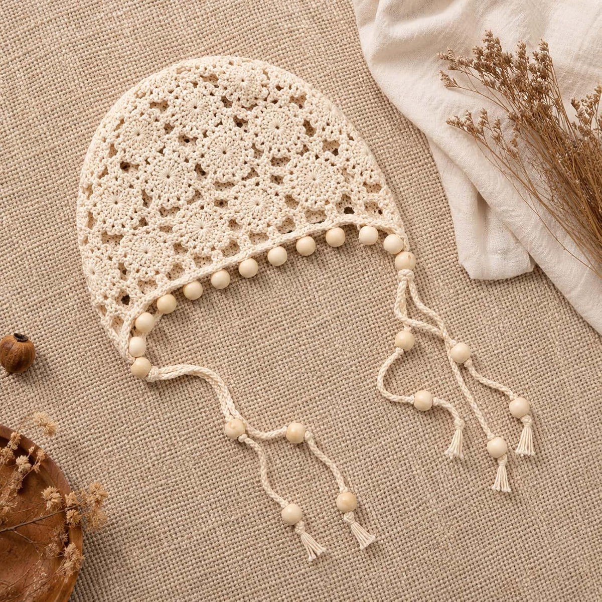Gorros de ganchillo para mujer, boho, gorro de encaje con cuentas d...