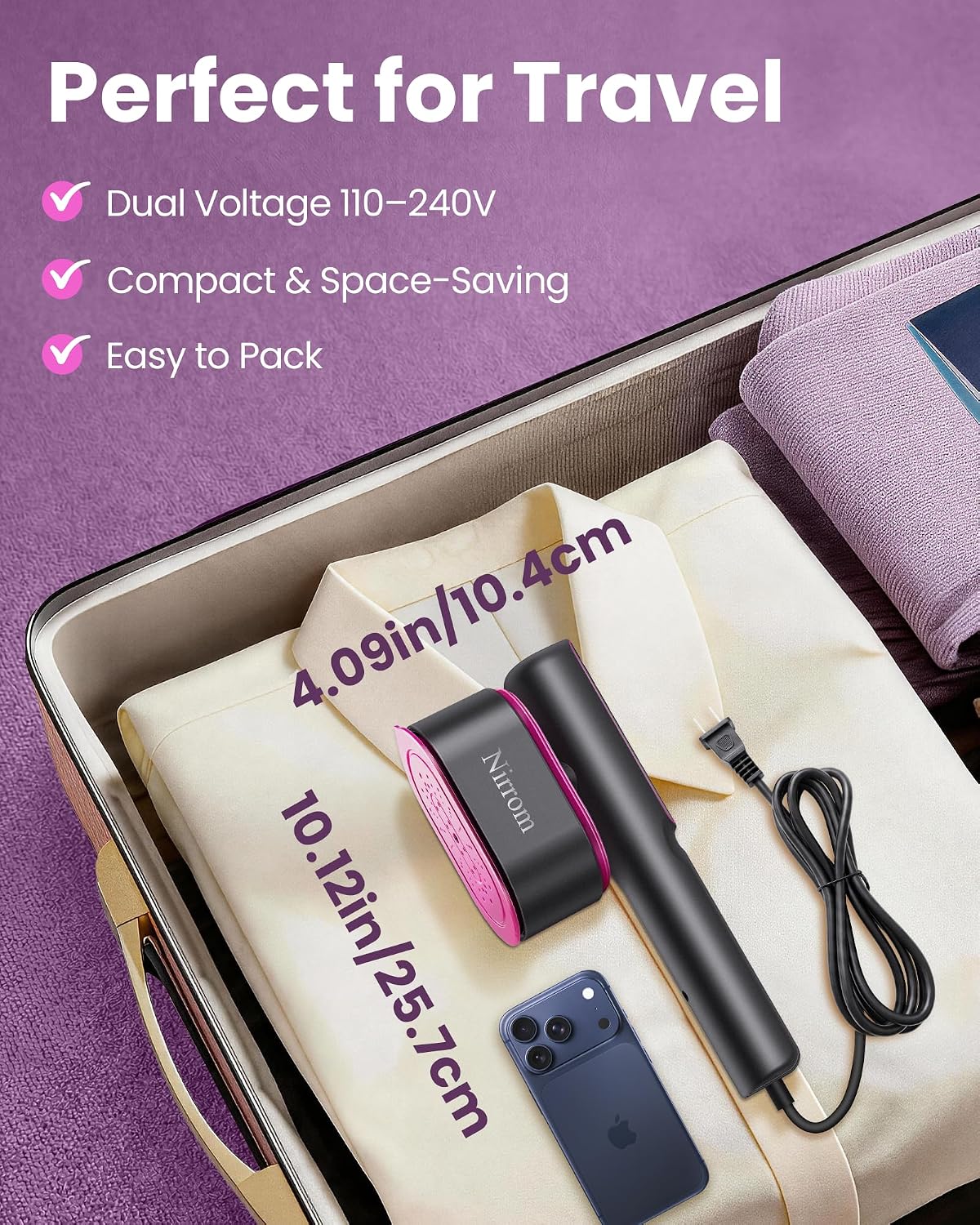 Nirrom Vaporizador de viaje para ropa, 110-240 V de doble voltaje,...