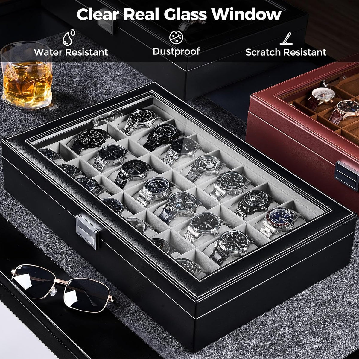 ProCase Caja de reloj para hombre, vitrina de 24 ranuras con tapa d...