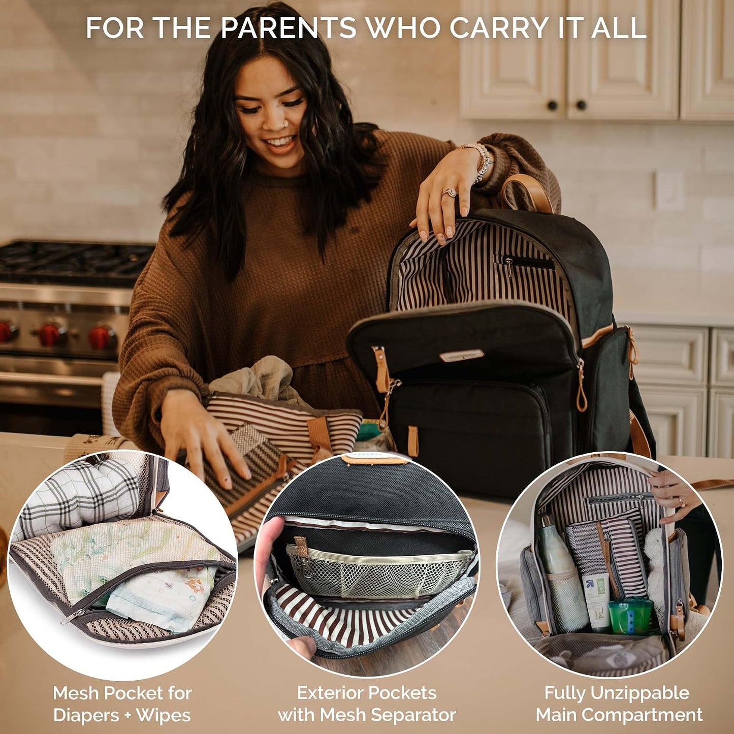 Parker - Mochila para pañales con cremallera completa y bolsillos a...