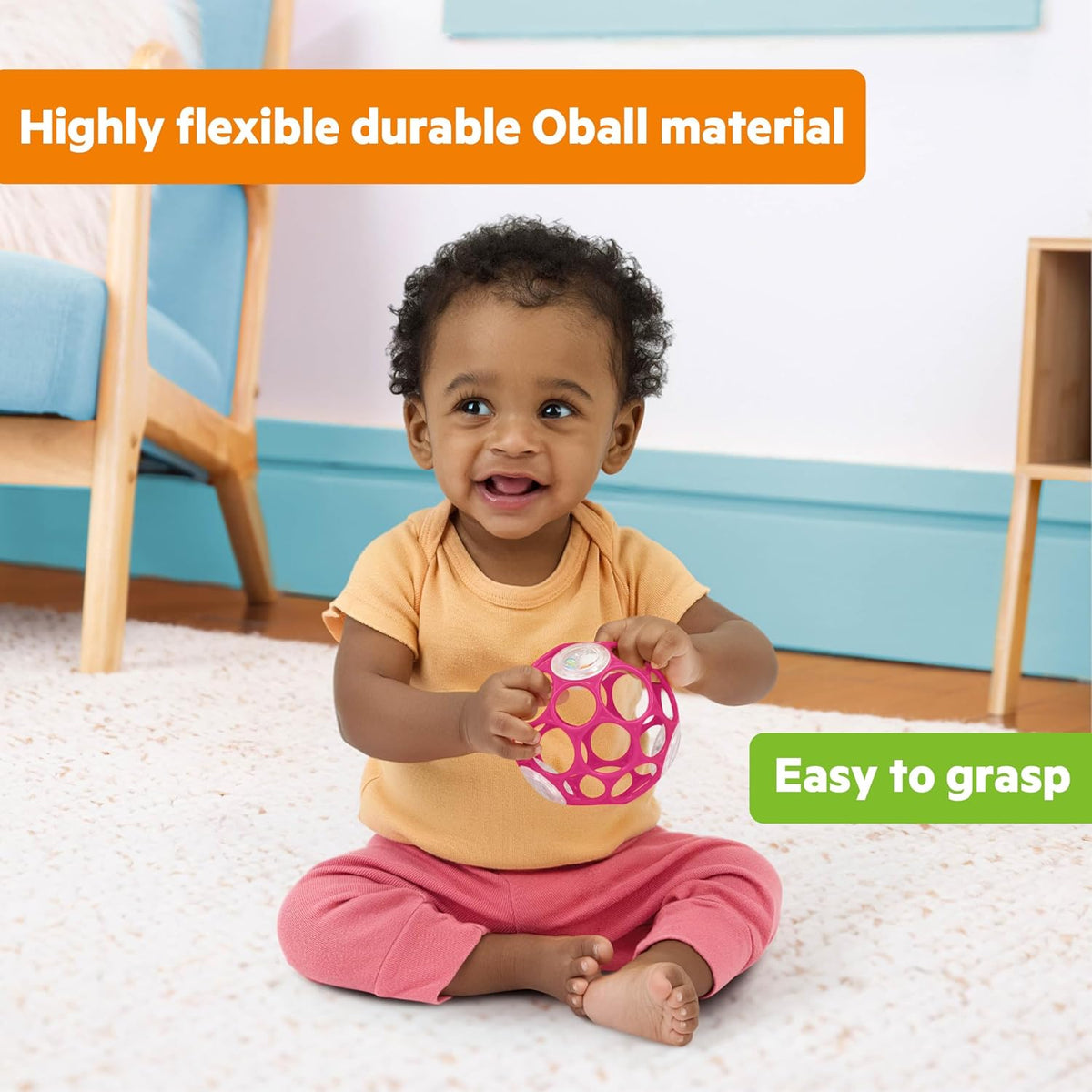 Bright Starts Oball Rattle - Juguete de agarre fácil, color rosa, p...