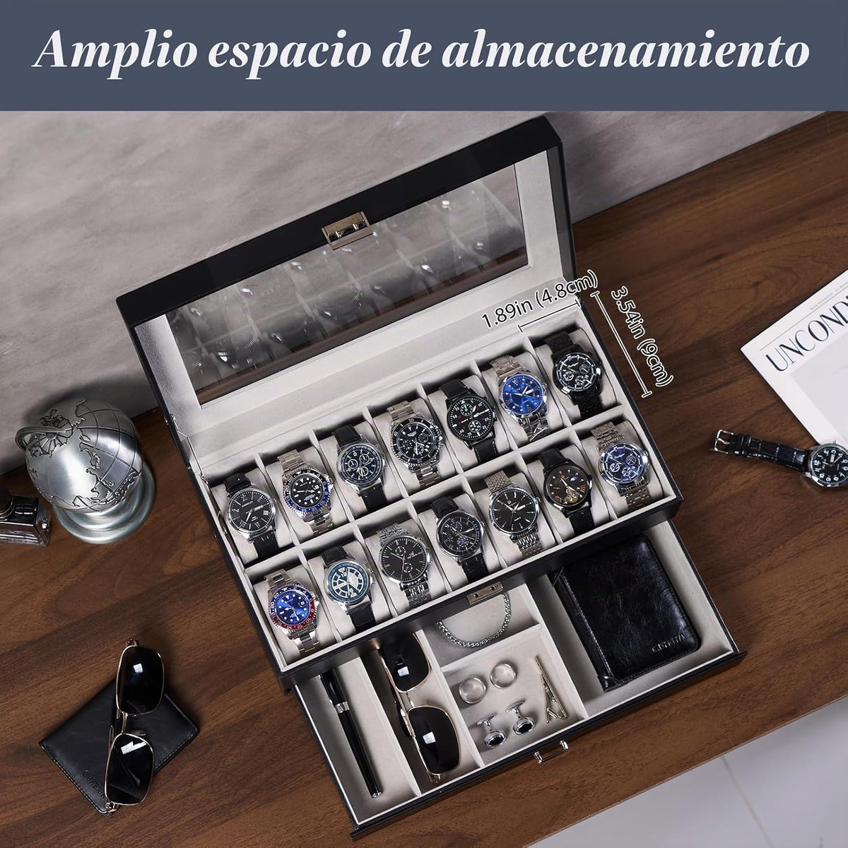 ProCase Caja de reloj, caja de reloj para hombre de 14 ranuras con...