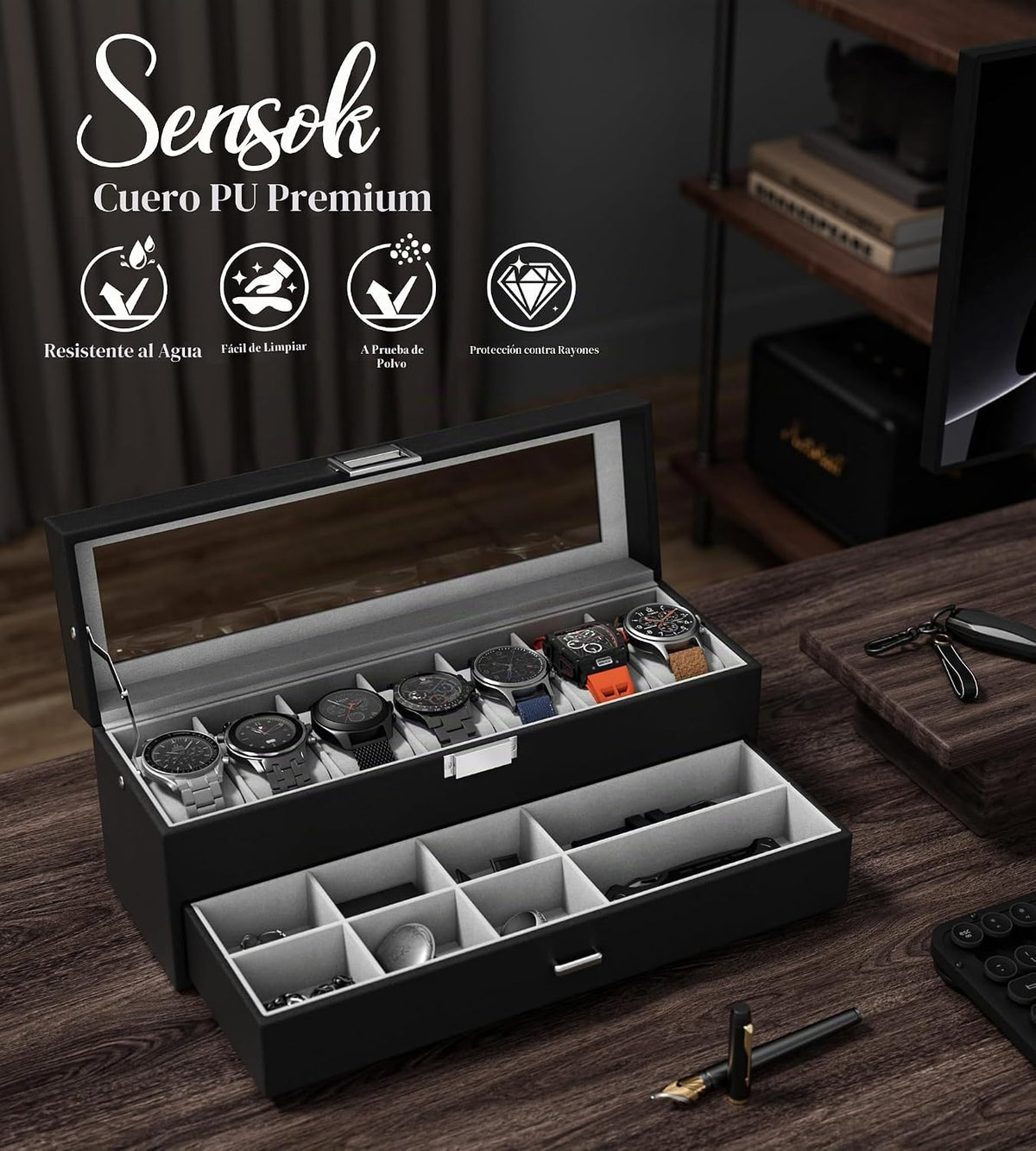 sensok Caja de reloj para hombre, organizador de almacenamiento de...