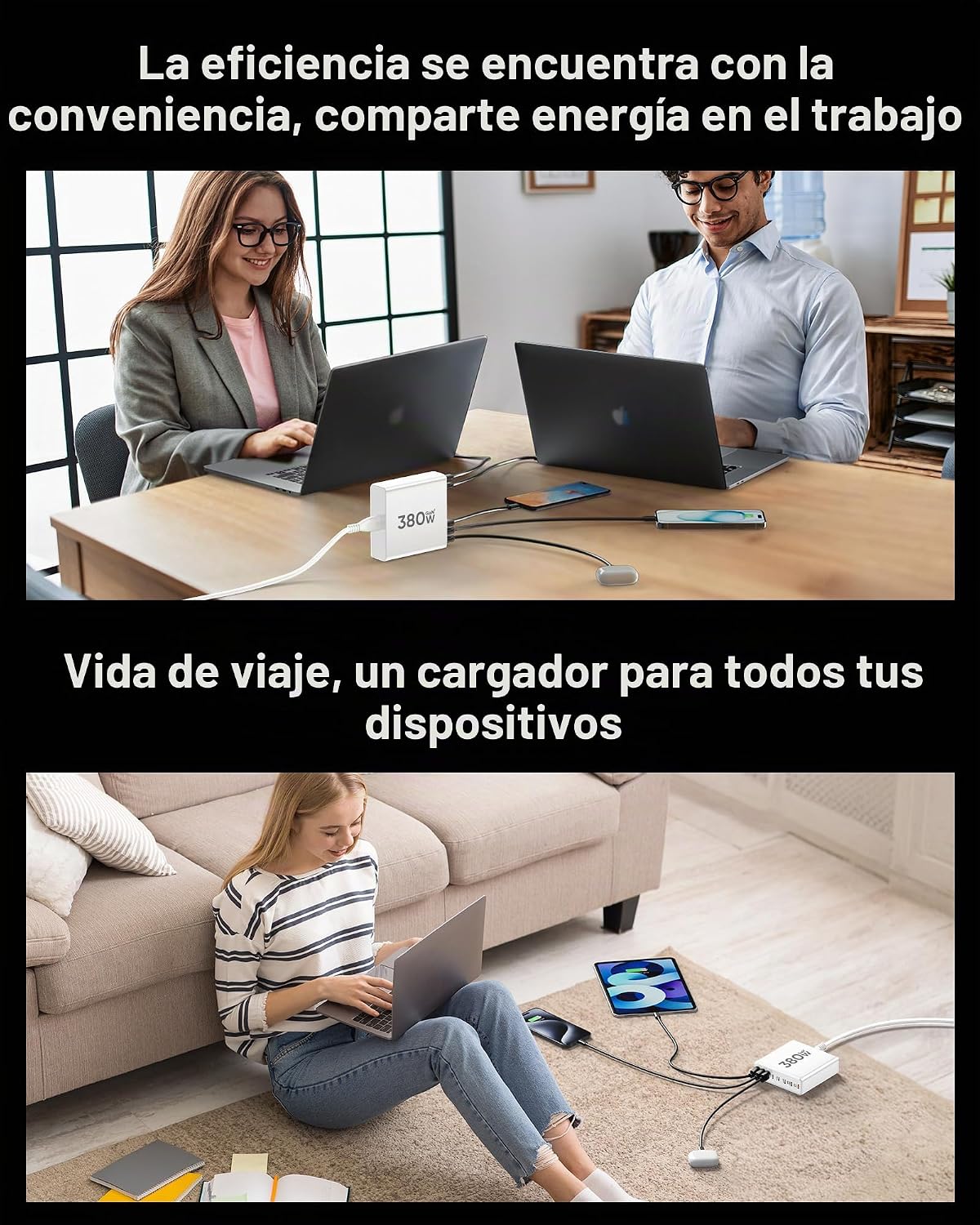 Bloque de cargador USB C de 380 W con 4 cables USB Estación de carg...