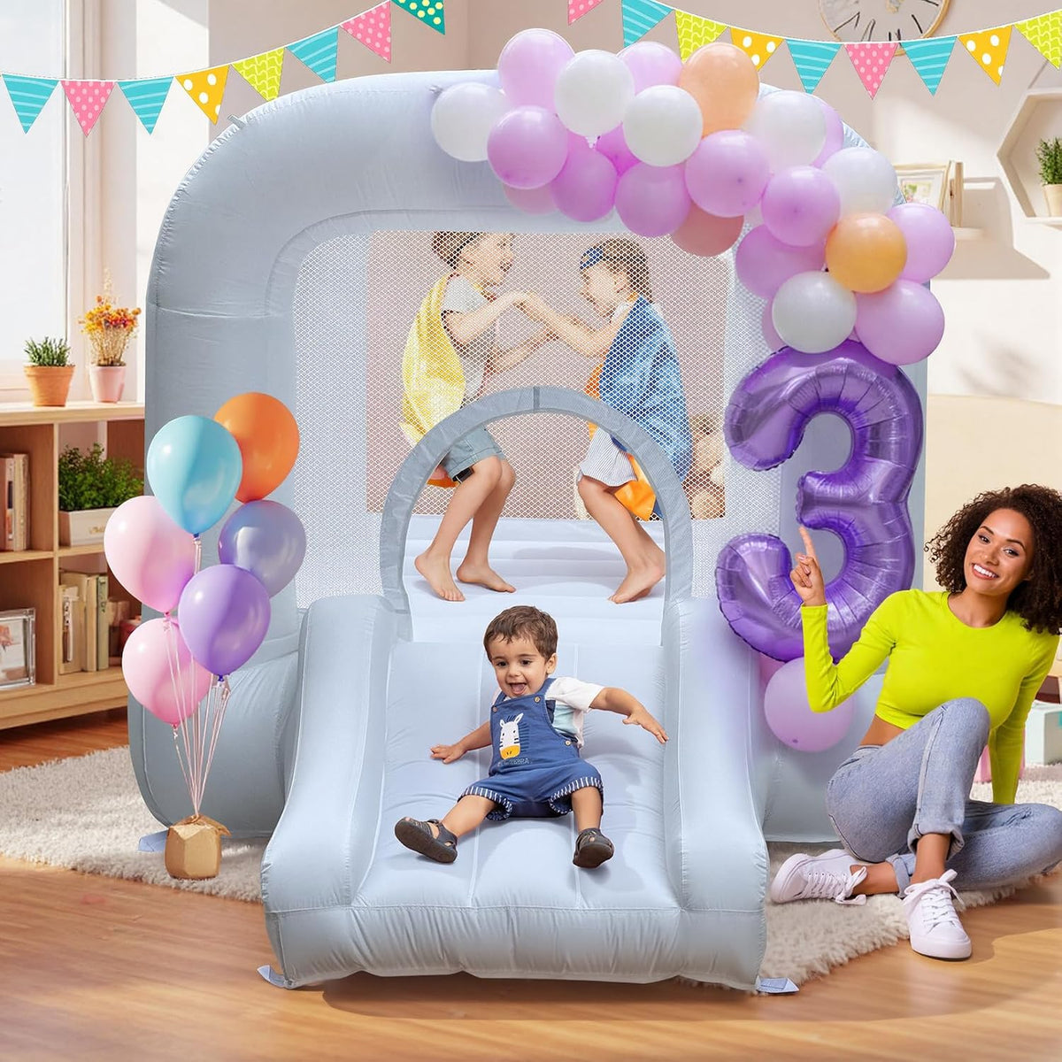 Casa hinchable blanca con tobogán, castillo hinchable para 3-6 niño...