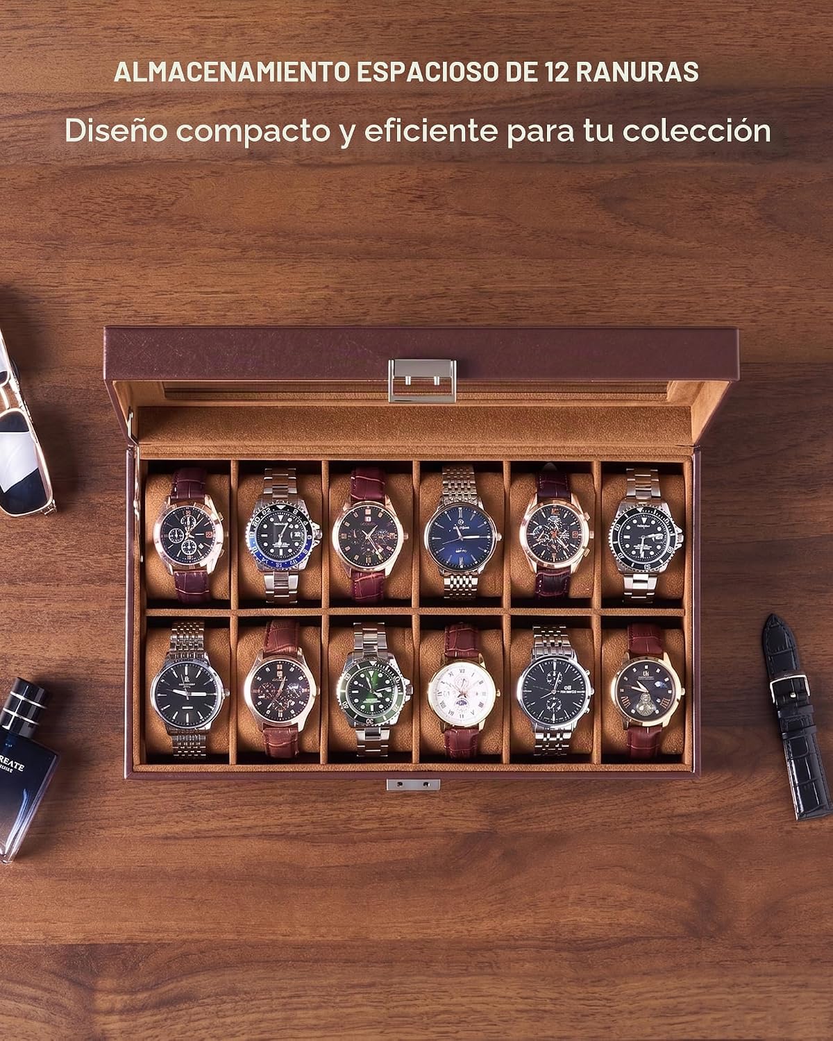 Lolalet Caja de reloj para hombre, caja de exhibición de 12 ranuras...