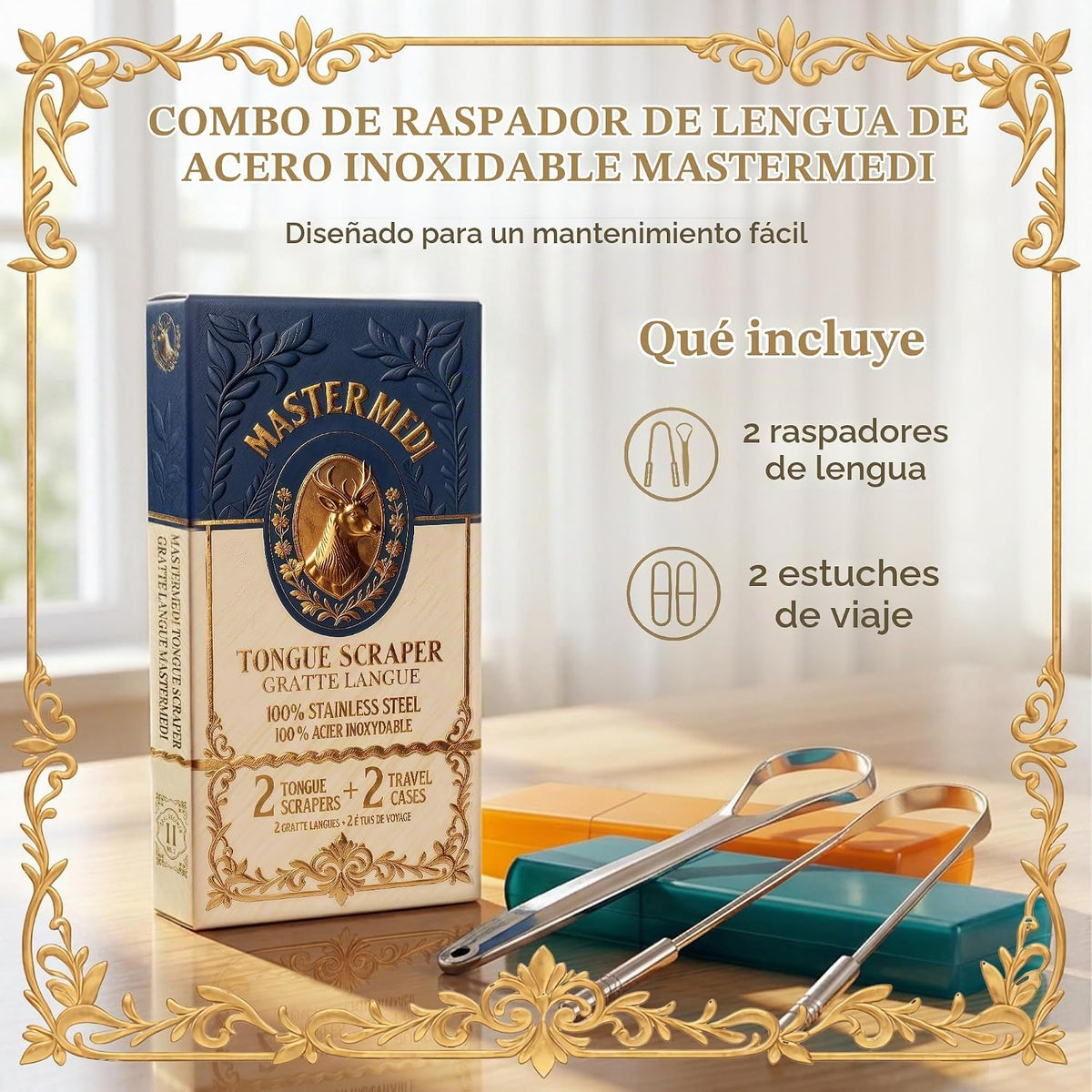 MasterMedi - Raspador de lengua para adultos de 100% acero inoxidab...