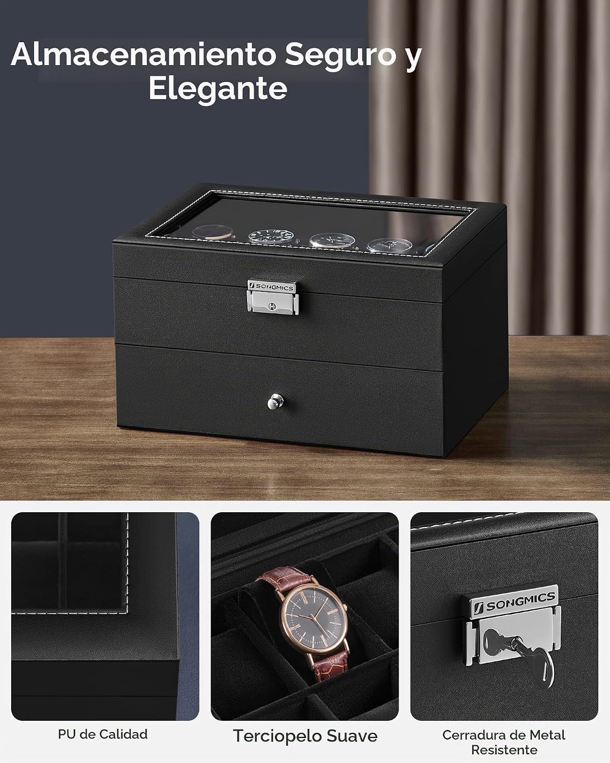 SONGMICS Caja de reloj de 20 ranuras, 2 capas, tapa de cristal, con...
