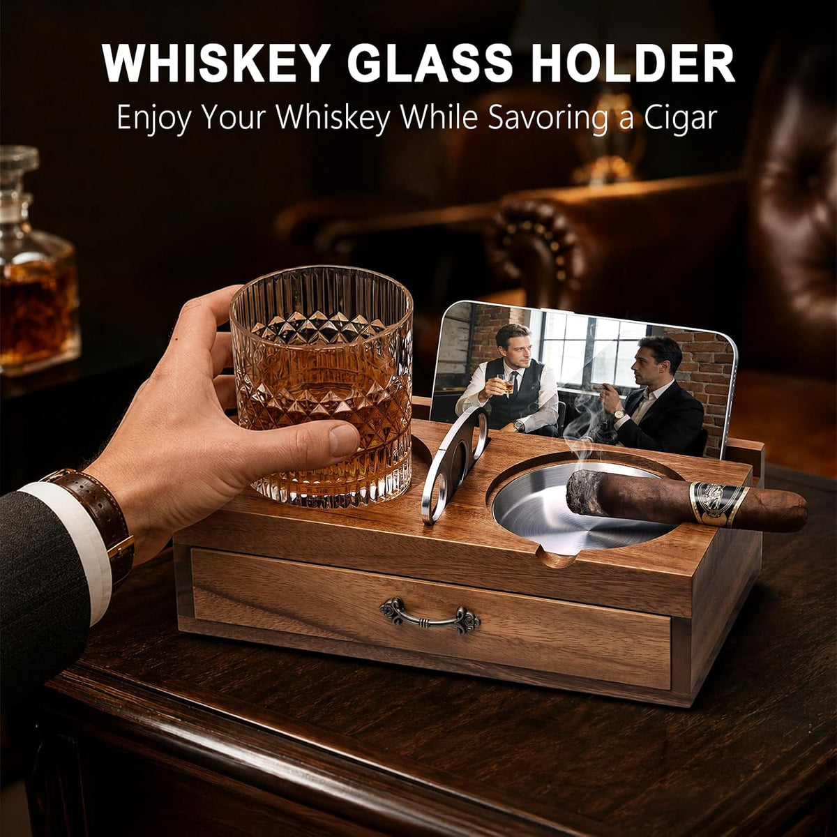 Joyoldelf Cenicero de cigarros con soporte para vidrio de whisky \u...
