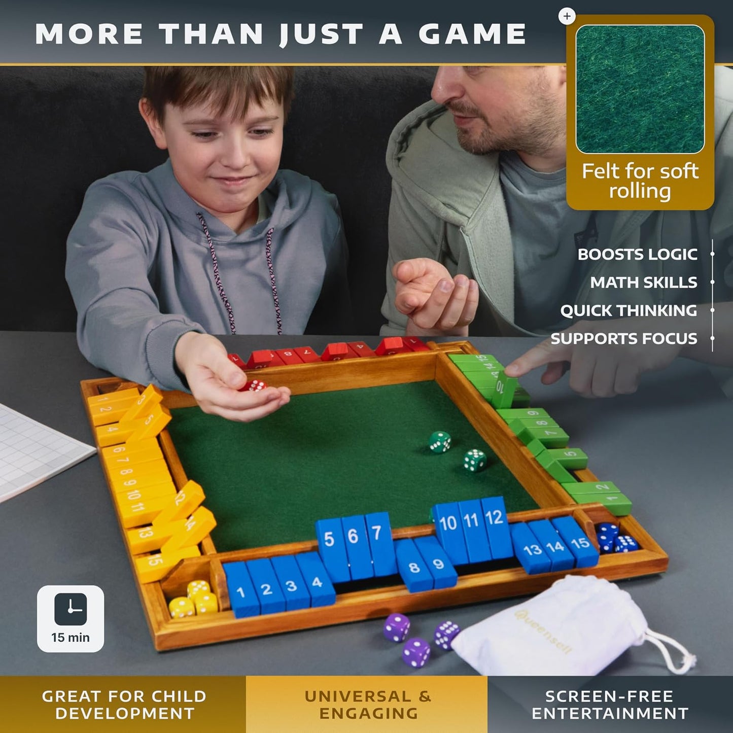 Queensell Shut The Box Juego de mesa de madera para 4 jugadores, ju...