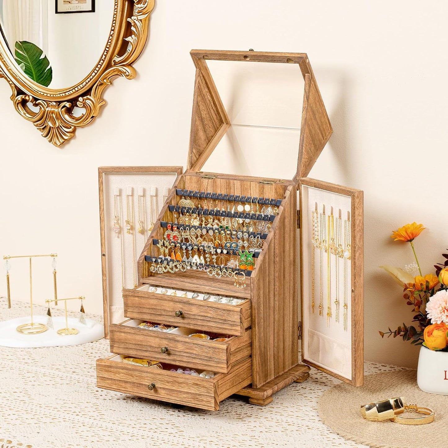 Srillollar Organizador de joyero, cajas de joyería de madera rústic...