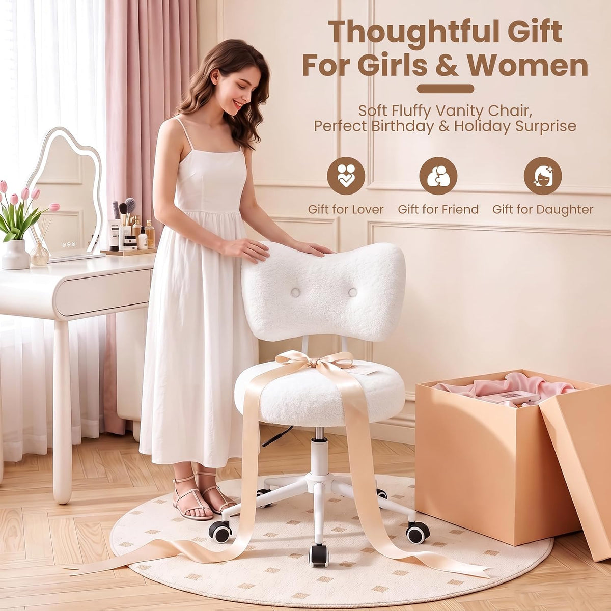 Silla de tocador pequeña con ruedas, cómoda silla de escritorio con...