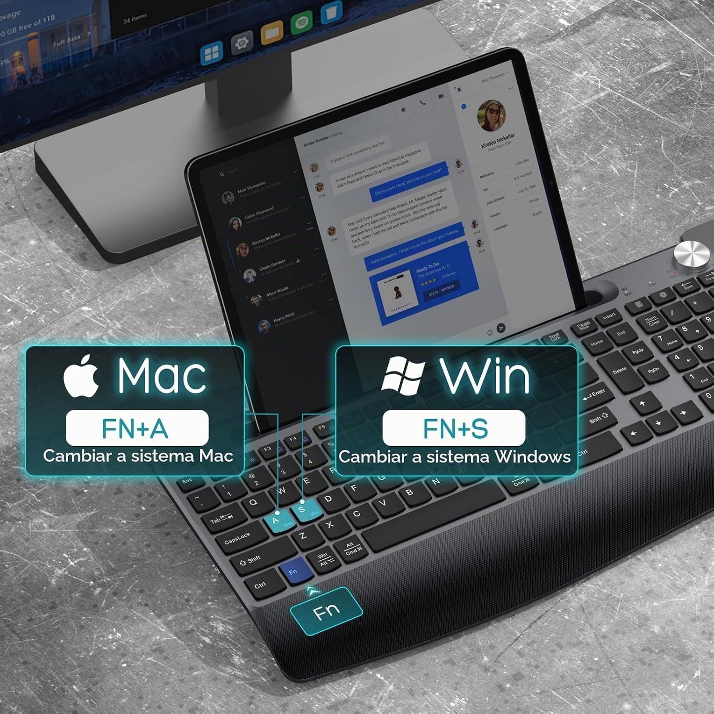 GAMCATZ - Teclado y mouse inalámbricos ergonómicos con reposamuñeca...