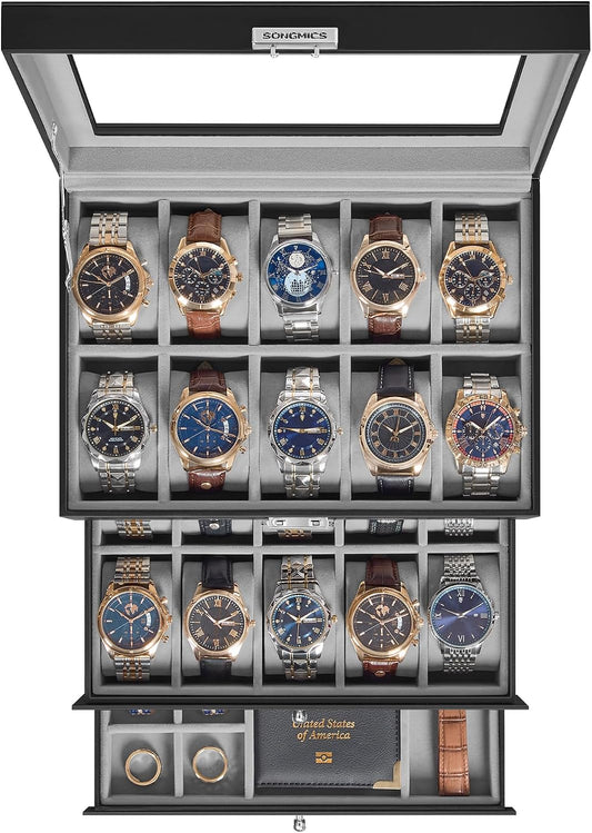 SONGMICS Caja de reloj, organizador de 20 ranuras para reloj con ta...