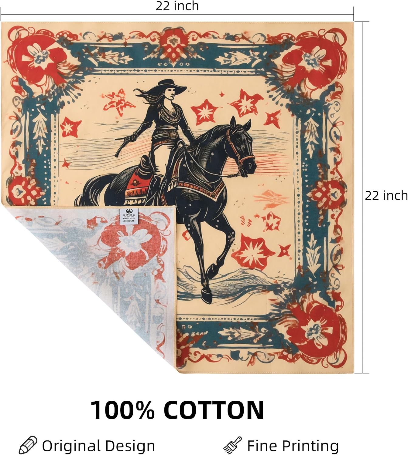 GT BANDANA 22"x22" Vintage Cowgirl 100% Algodón Bandana Diademas mu...