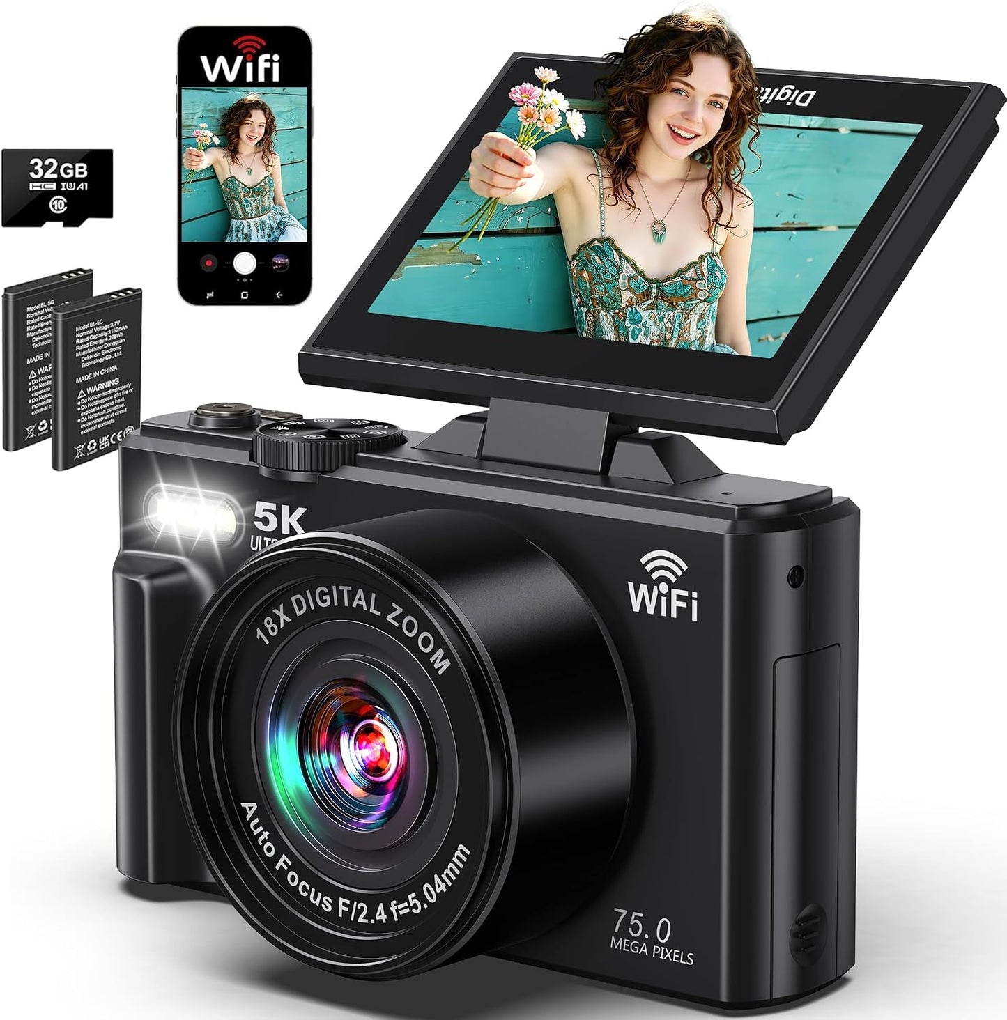 Cámara digital Cámaras WiFi 5K para fotografía 75MP UHD Autofocus V...