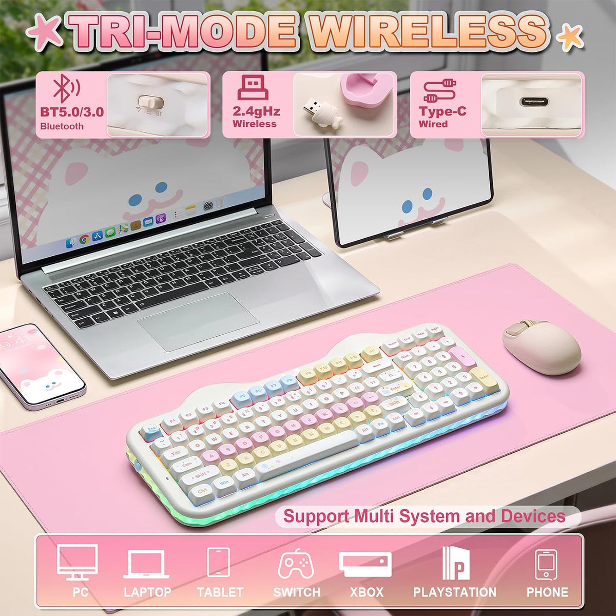 YUNZII C98 Cute Cake Teclado mecánico inalámbrico (beige, interrupt...