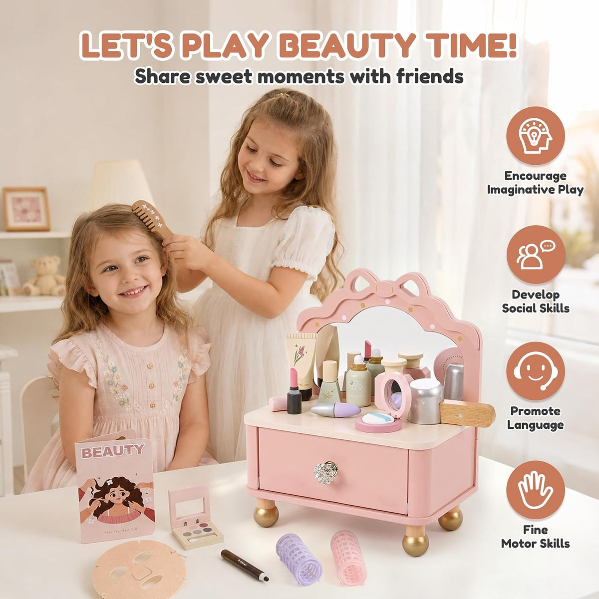 Pithfor Juego de tocador de madera, kit de maquillaje para niños y...