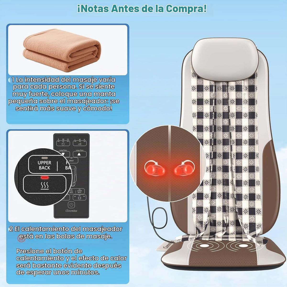 Comrelax Shiatsu Masajeador de espalda con calor, almohadilla de ma...