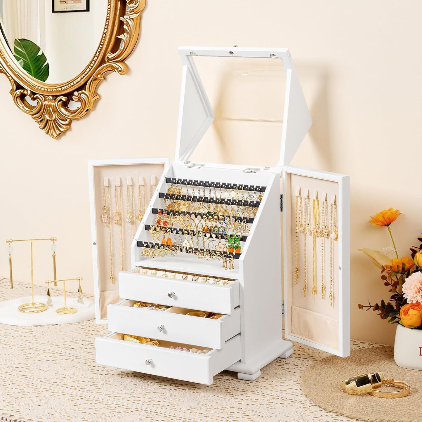 Srillollar Joyero organizador, cajas de joyería de madera rústica p...