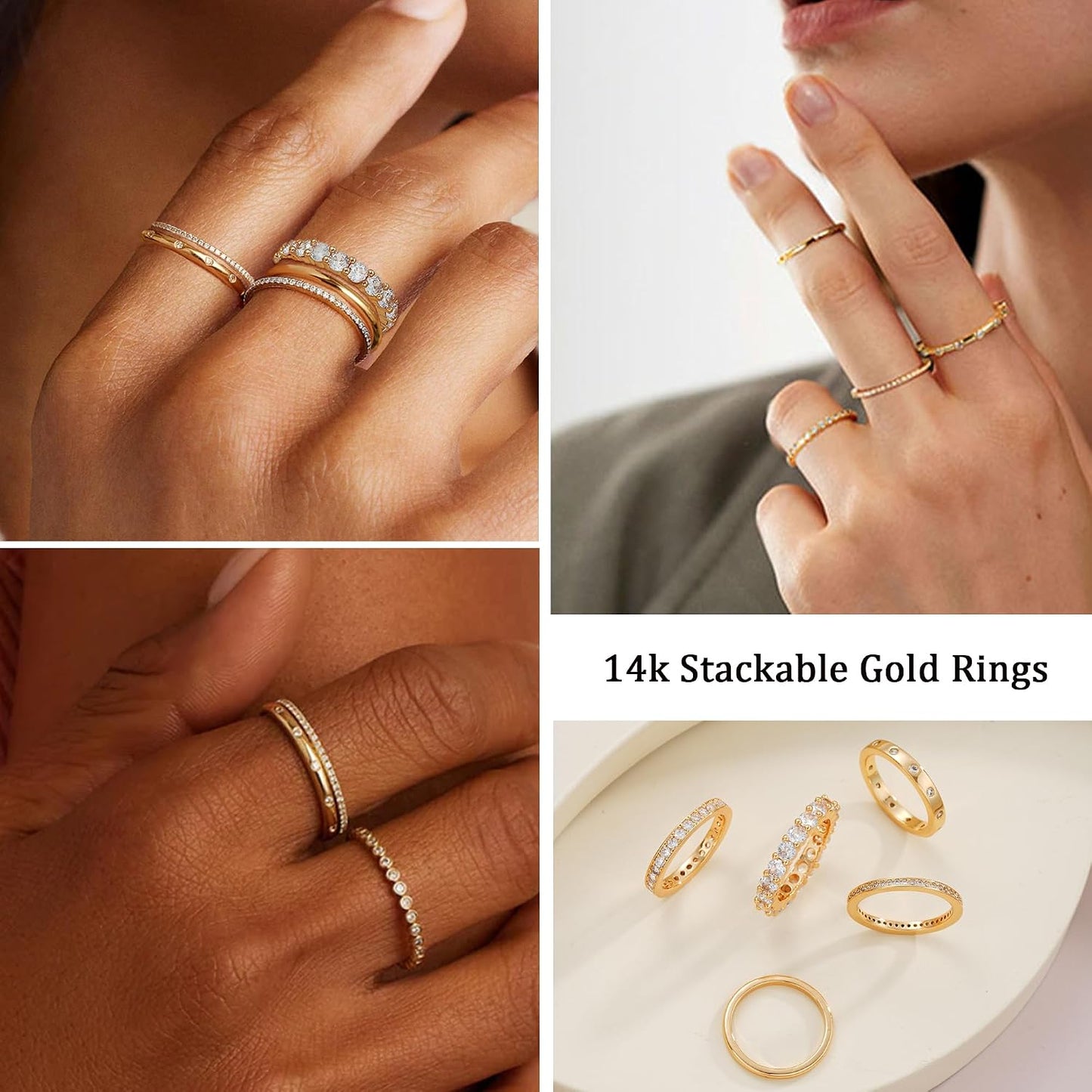 Anillos de oro para mujer sin deslustre, juego de anillos de nudill...