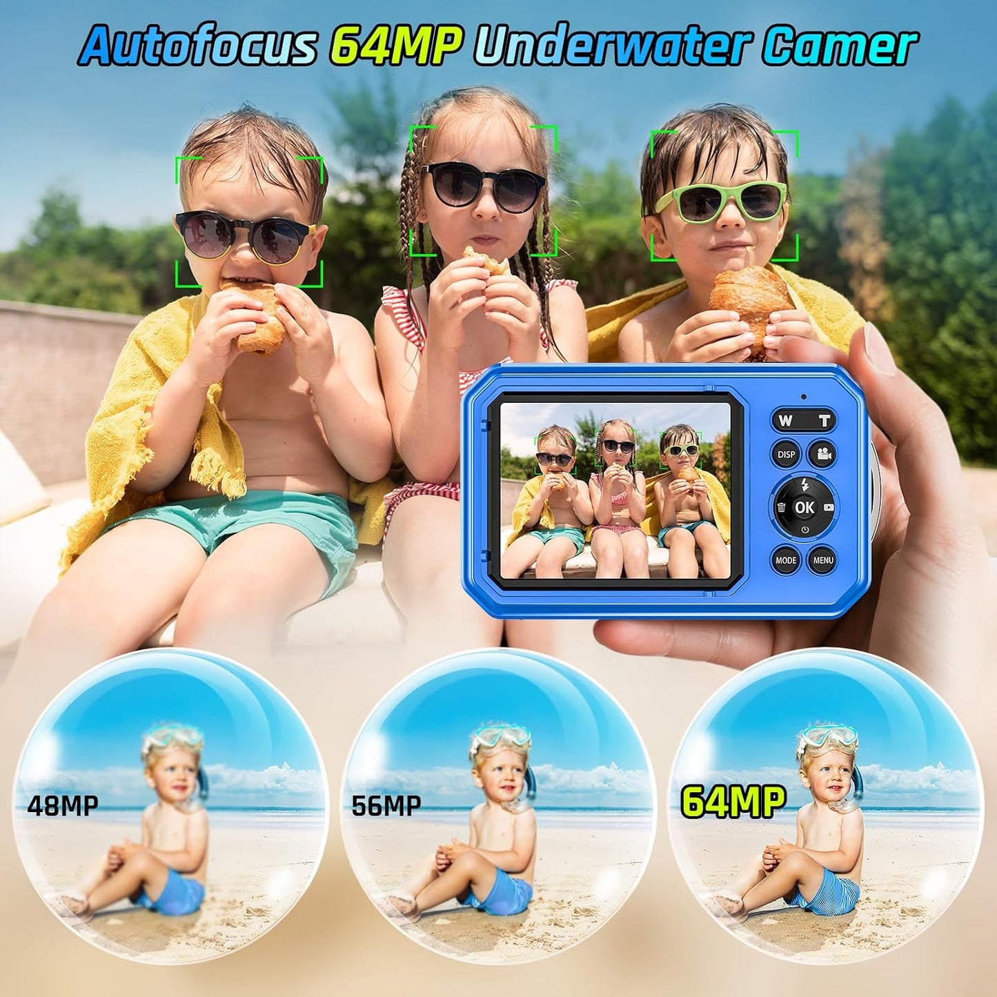 Cámara subacuática 4K 64MP 33FT Cámara impermeable con tarjeta de 3...