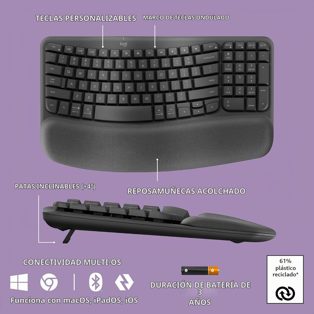 Logitech Wave Keys - Teclado ergonómico inalámbrico con reposamanos...
