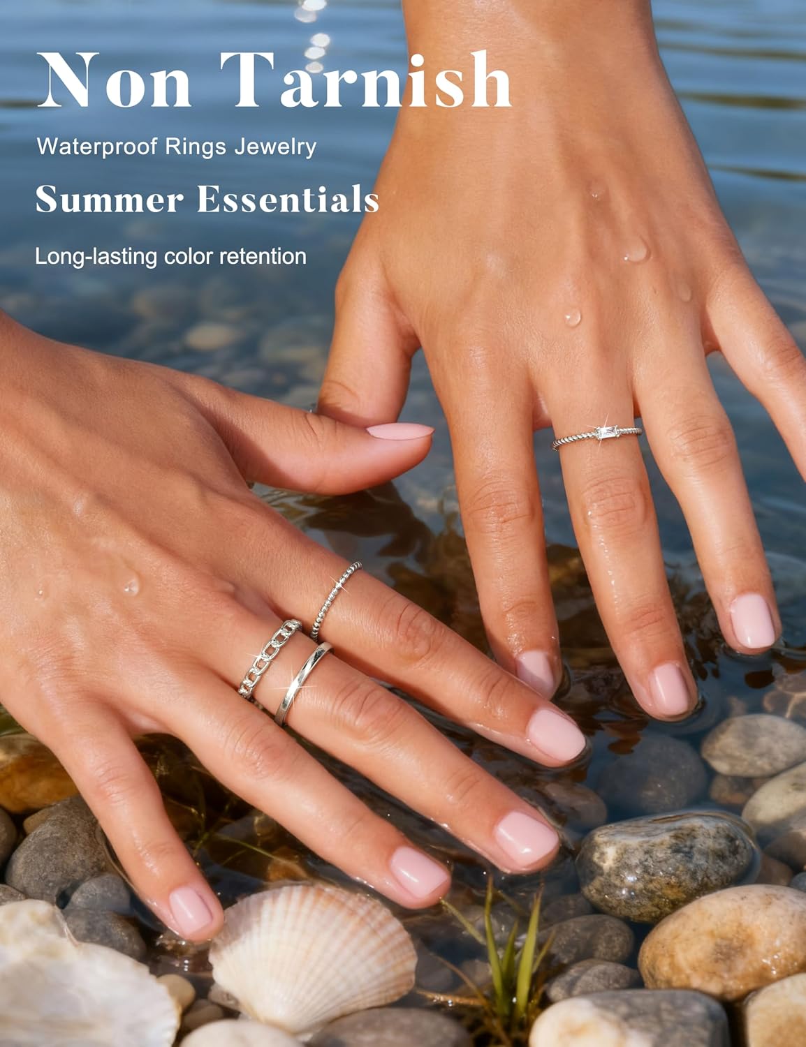 FIBO STEEL Juego de 6 anillos apilables para mujer, no se deslustra...