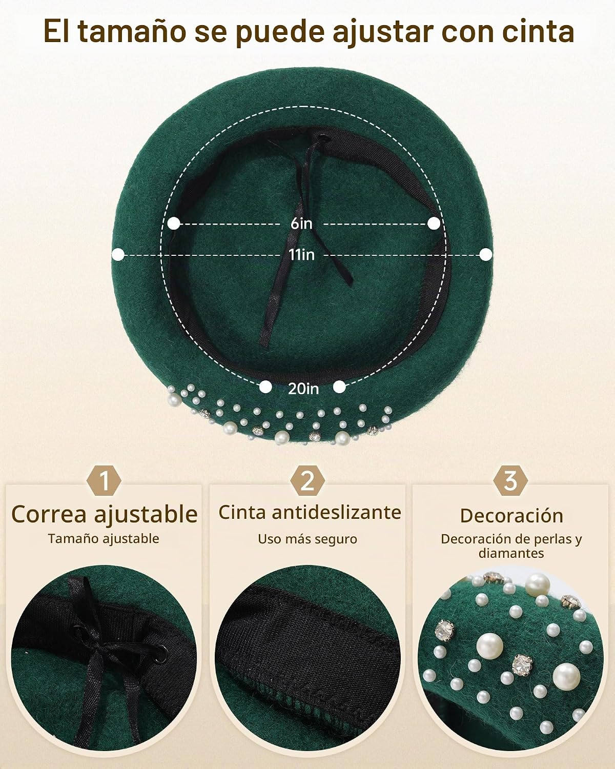 Boina clásica de lana francesa con adornos de perlas y diamantes de...