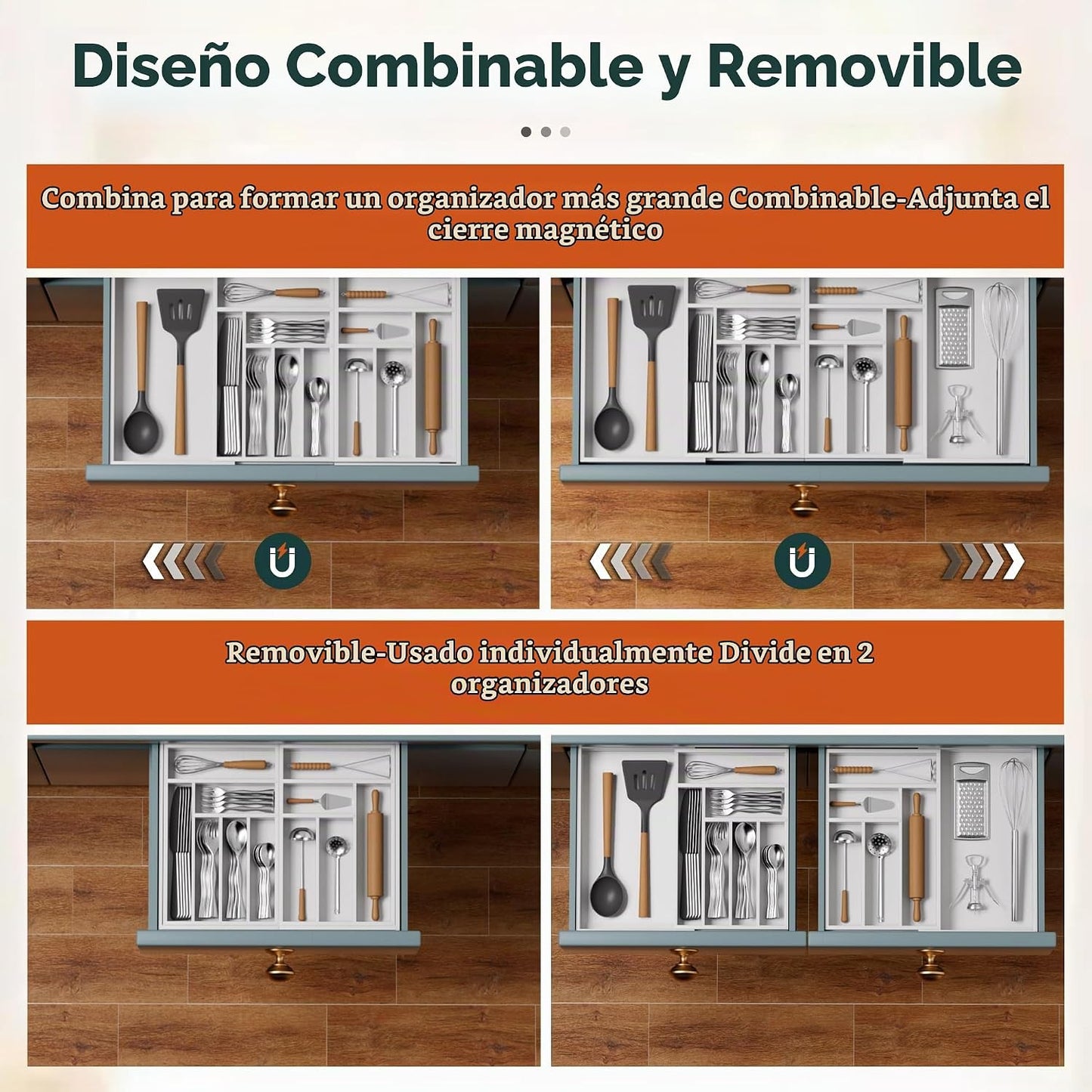 Organizador de cubiertos grande, magnético conectado expandible de...