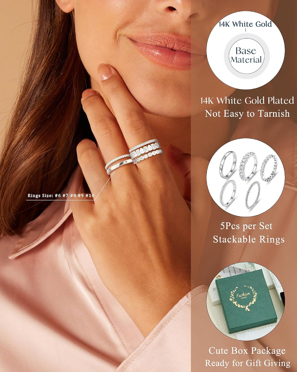 Anillos apilables de oro para mujer, no se deslustra, chapados en o...