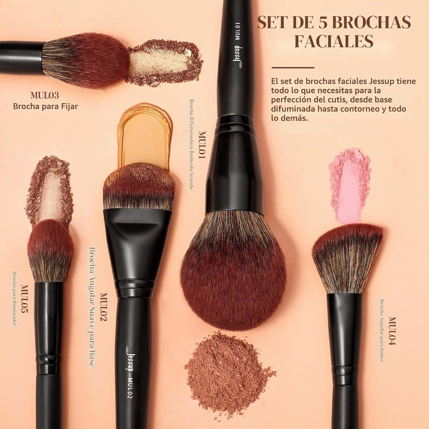 Jessup Pinceles de maquillaje de cara grande, 5 piezas, base sintét...