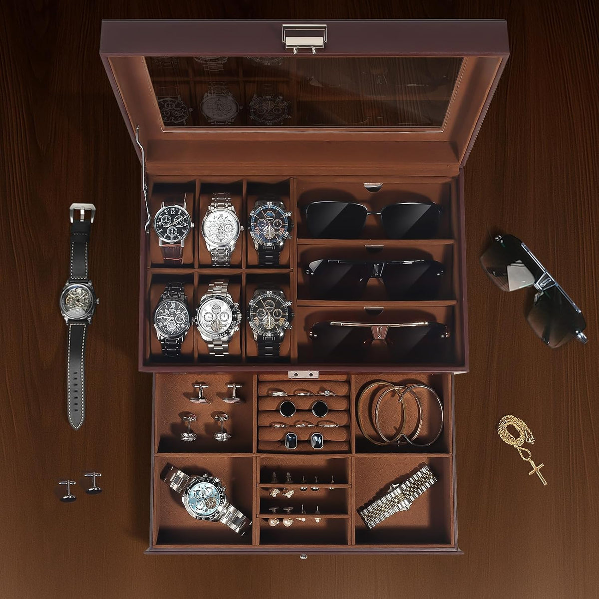 GLJ Caja de joyería para hombres, organizador de joyas con 6 ranura...