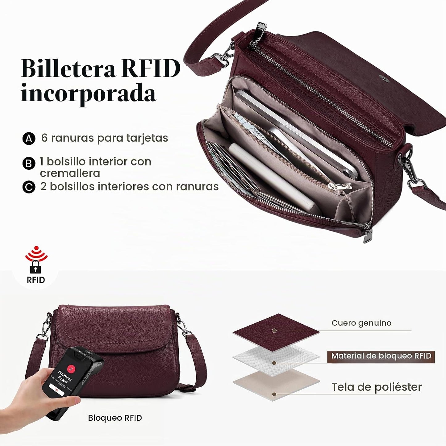 befen Bolsos cruzados de cuero genuino para mujer con cartera RFID...
