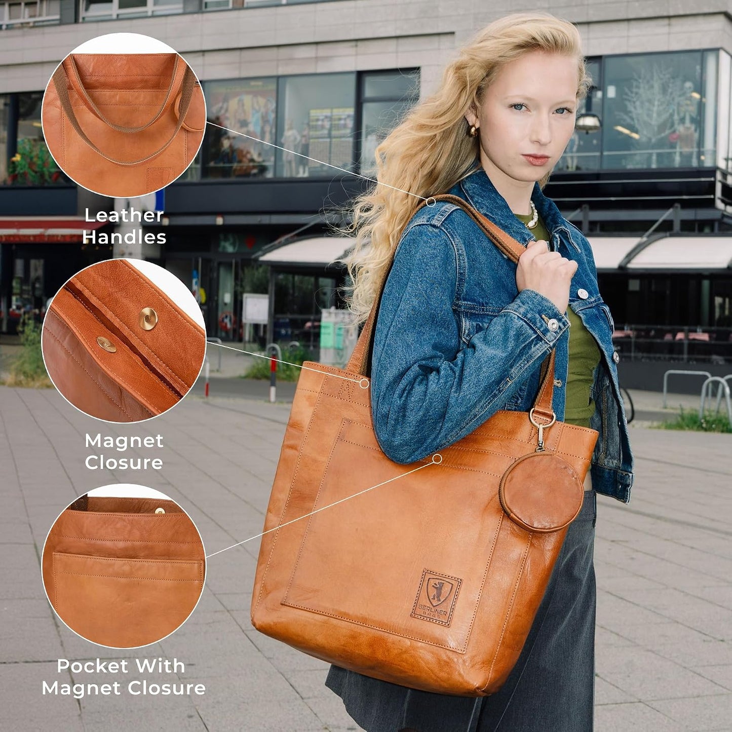 BERLINER BAGS Bolso de mano de cuero auténtico vintage Sevilla, bol...
