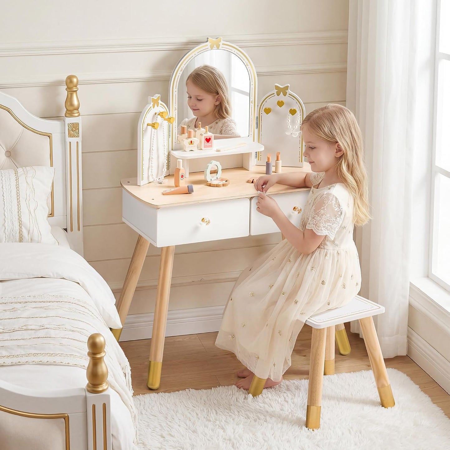 ROBUD Juego de mesa y silla para niños, juego de tocador para niñas...