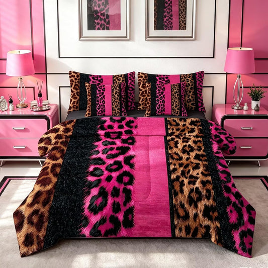FUYEUN Juego de edredón con estampado de leopardo rosa fuerte tamañ...