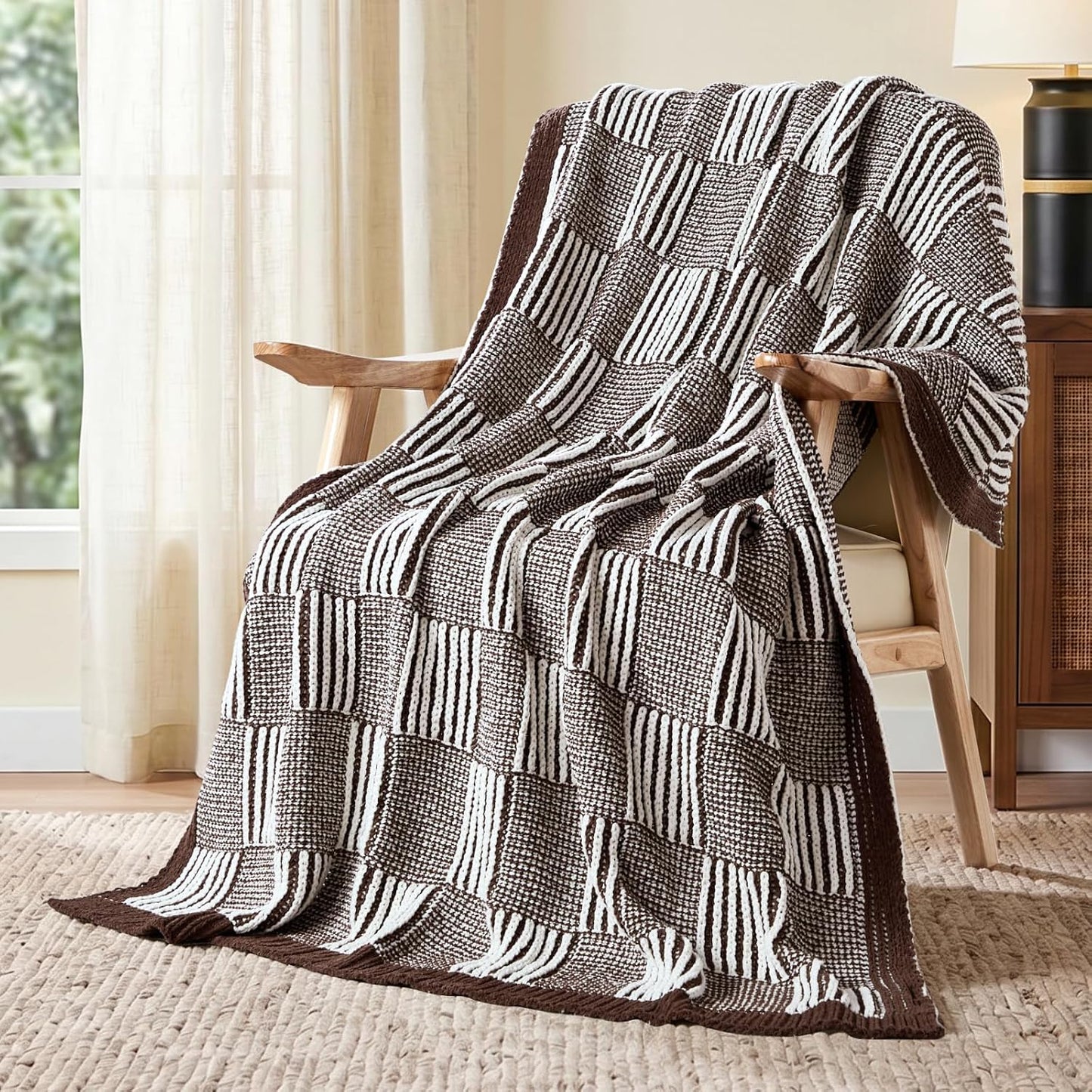 Amélie Home Manta de punto a cuadros para cama, marrón moca, 60 x 8...