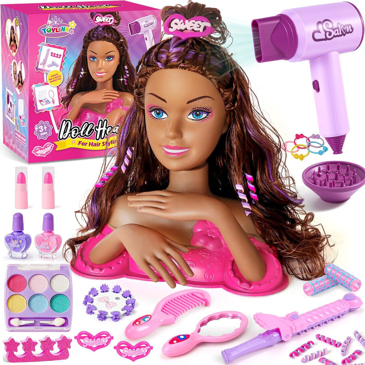 Toylink Cabeza de muñeca para peinar el cabello, kit de maquillaje...