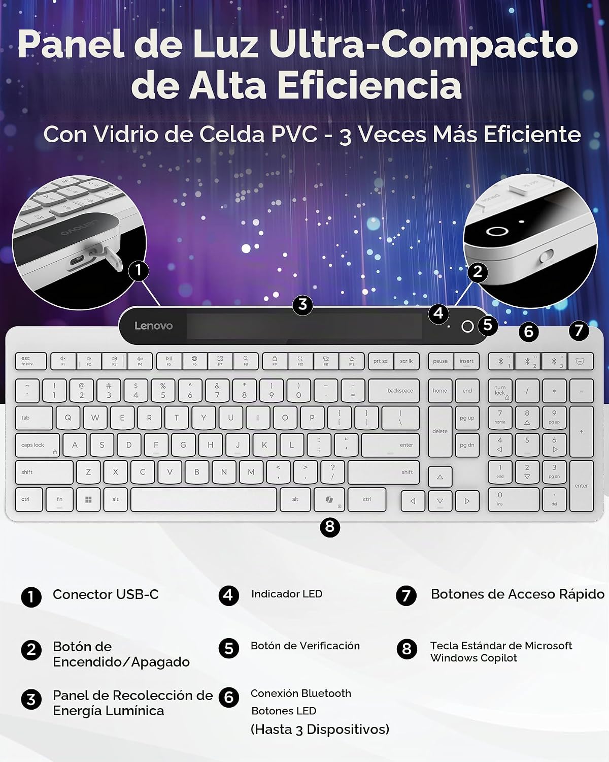 Lenovo 800 Teclado Bluetooth Autocargable, Utiliza Luz Ambiental pa...