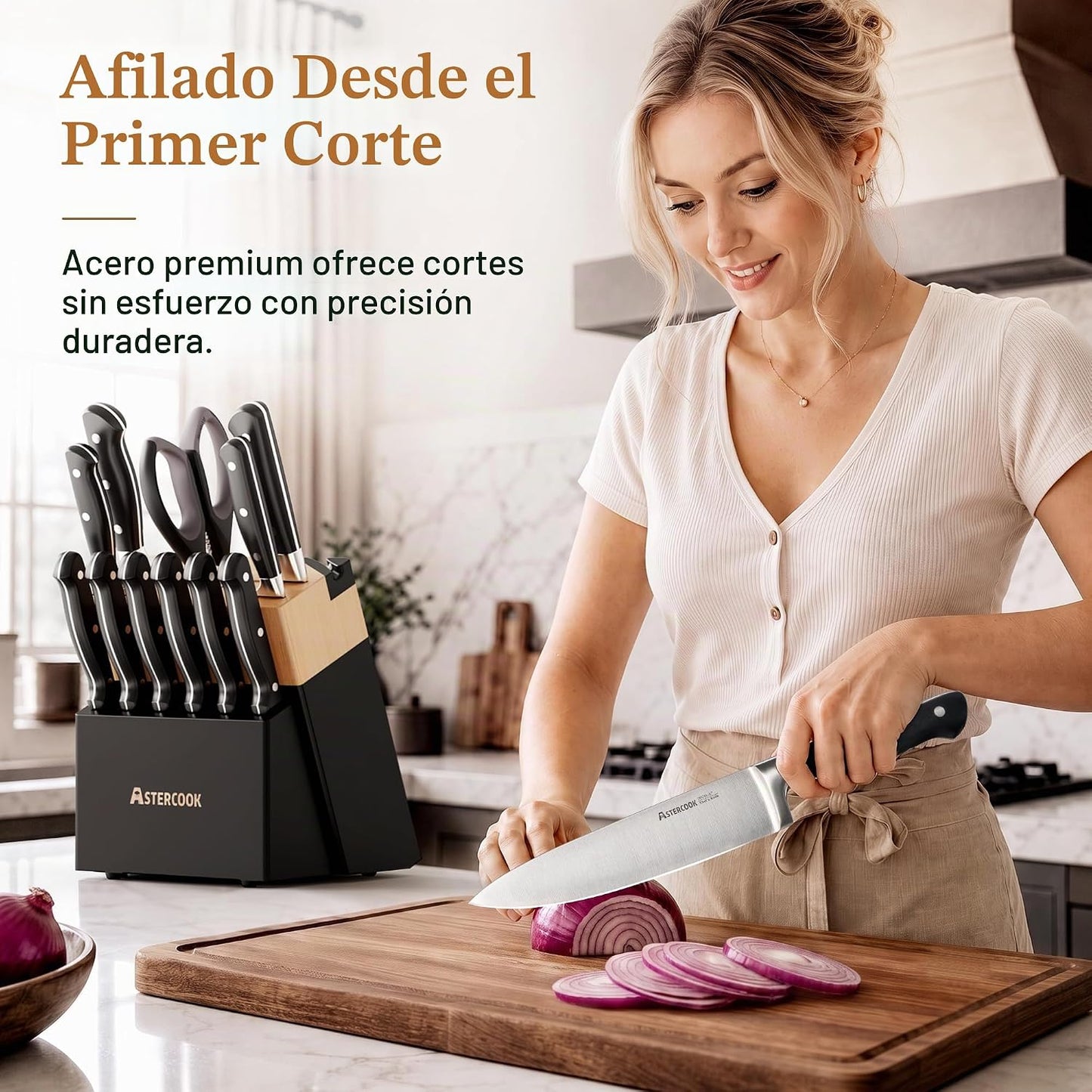 Astercook Juego de cuchillos de cocina de espiga completa con bloqu...