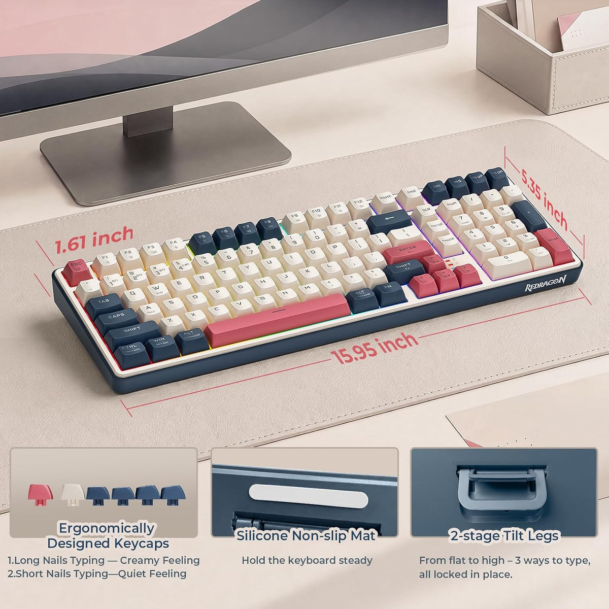 Redragon S174 - Teclado y mouse inalámbrico para juegos con tres mo...
