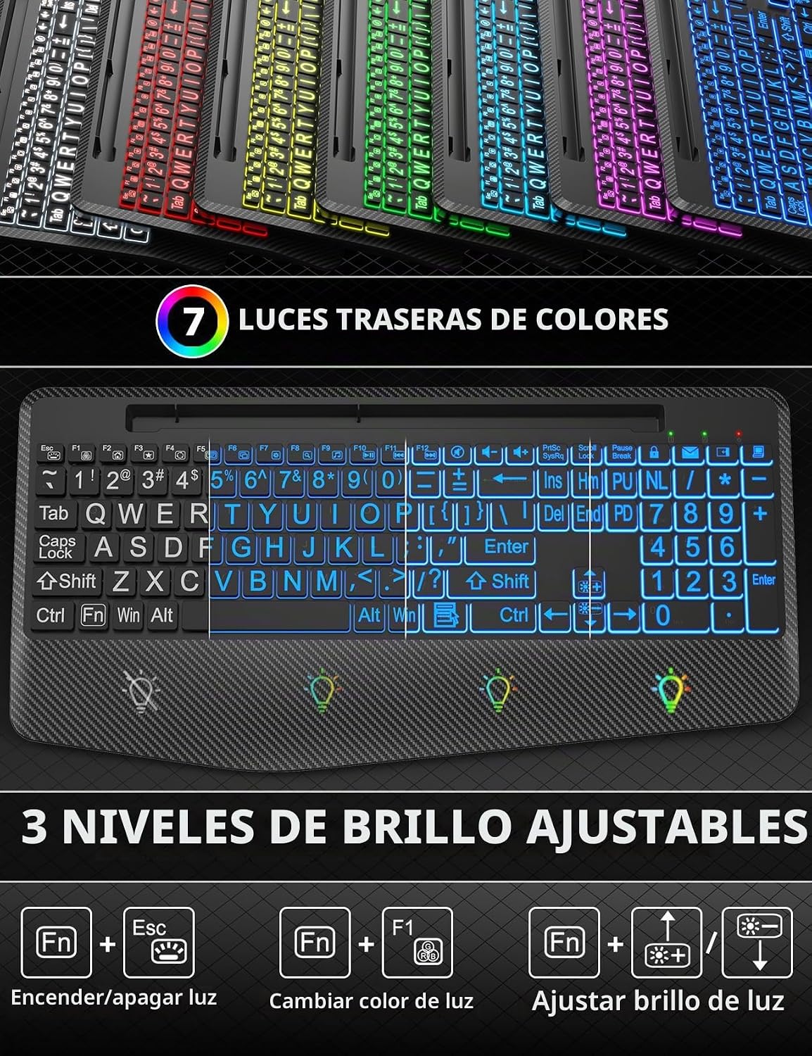Teclado y ratón inalámbricos retroiluminados, reposamuñecas, ratón...